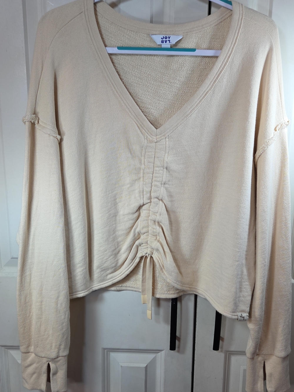 JoyLab Cream Gathered V-Neck Long Sleeve Top